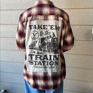 Yellowstoe Take 'em to the Train Station Upcycled Flannel Shirt Unisex Medium M